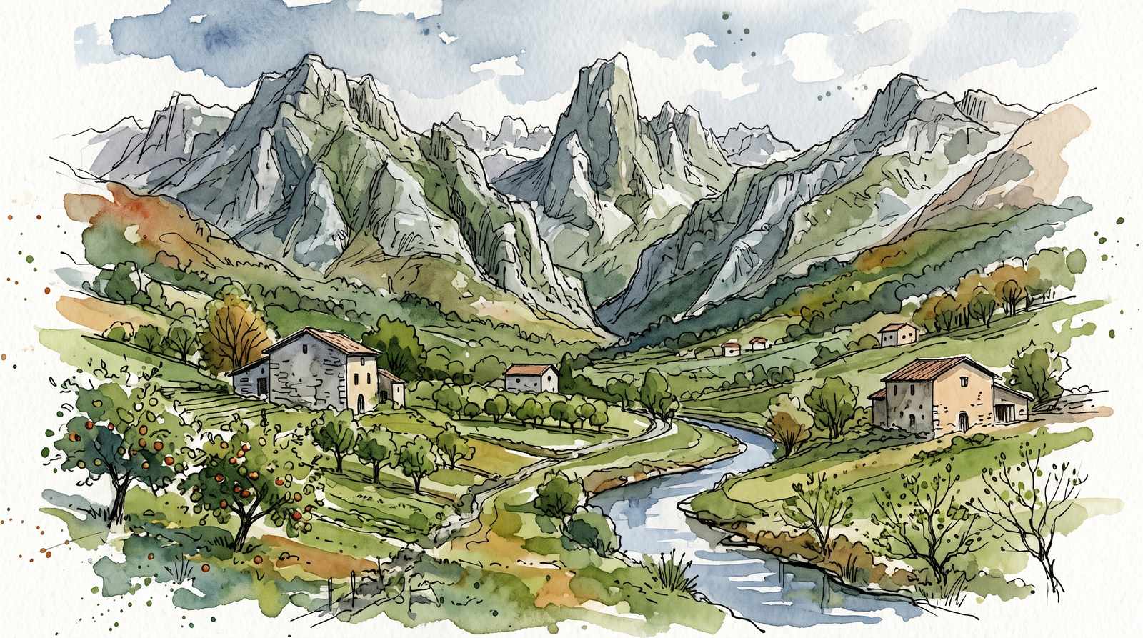 Watercolor illustration of Asturias, Spain