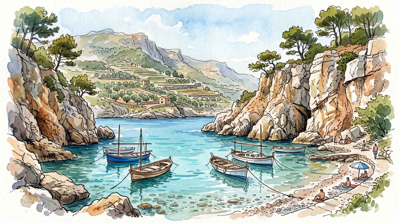 Watercolor illustration of the Balearics, Spain