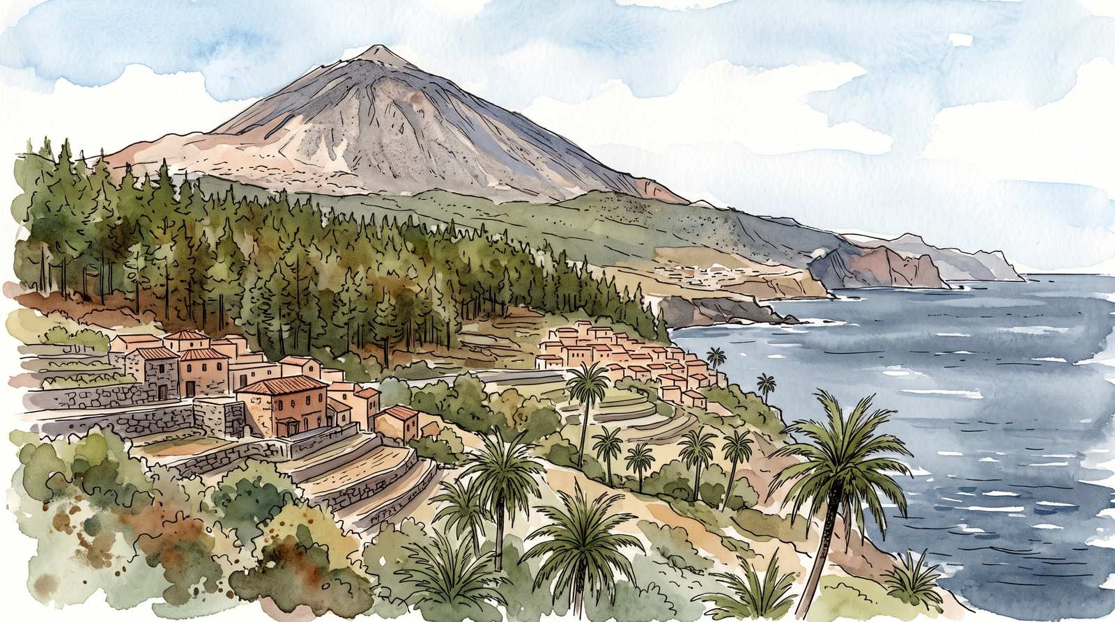 Watercolor illustration of the Canary Islands, Spain