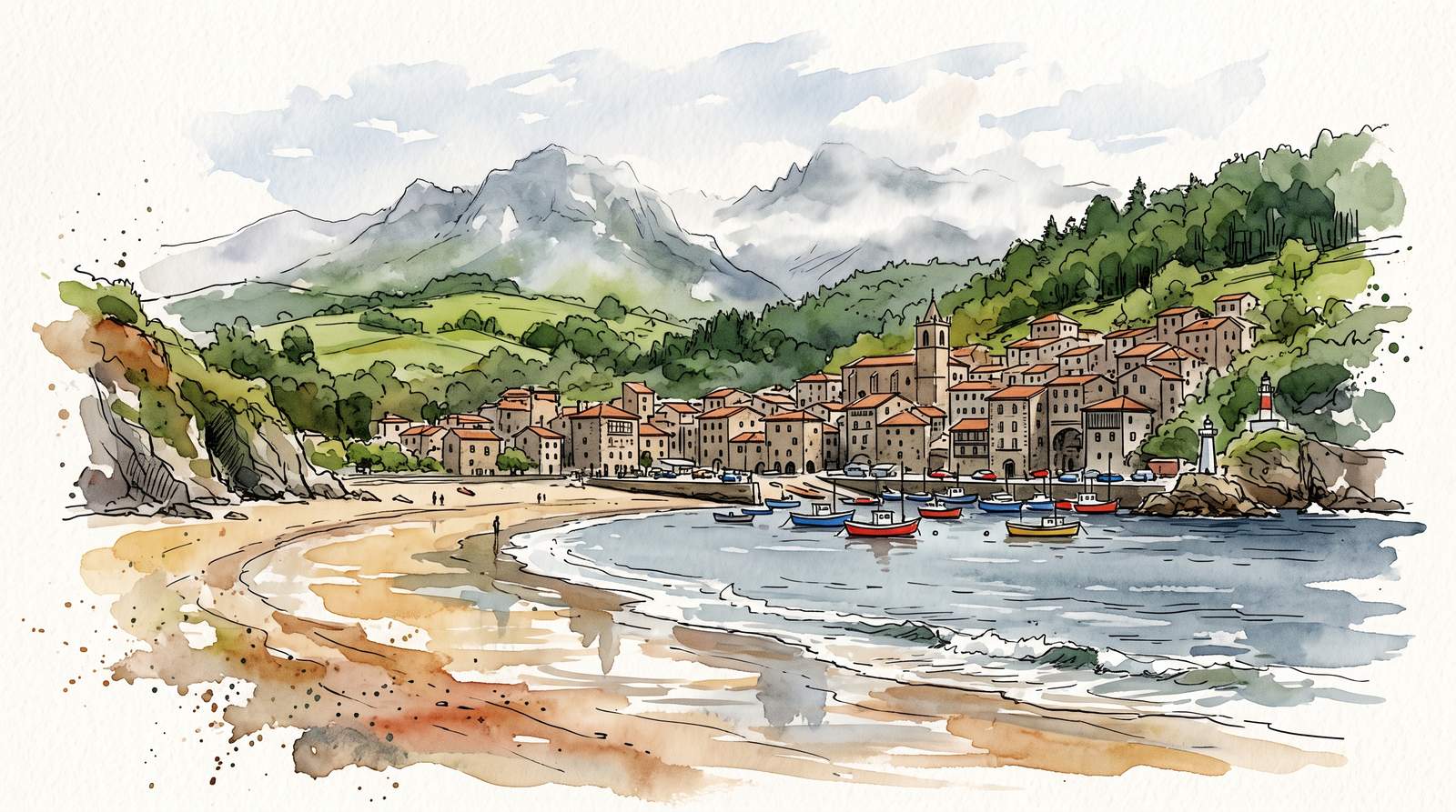 Watercolor illustration of Cantabria, Spain