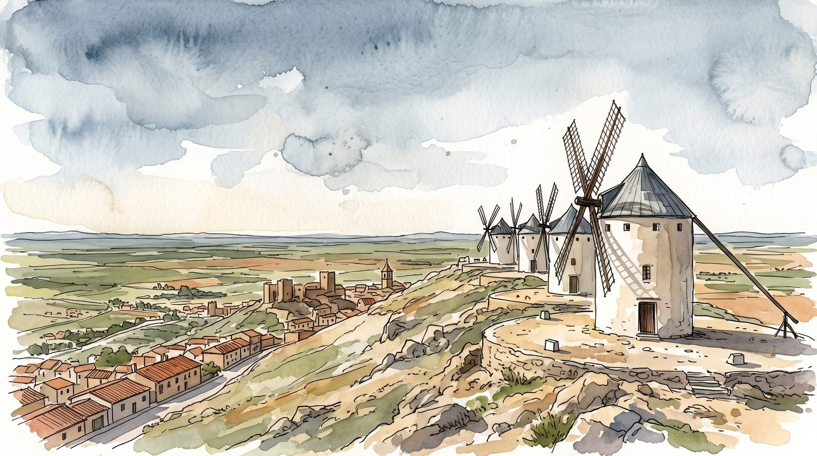 Watercolor illustration of Castilla-La Mancha, Spain