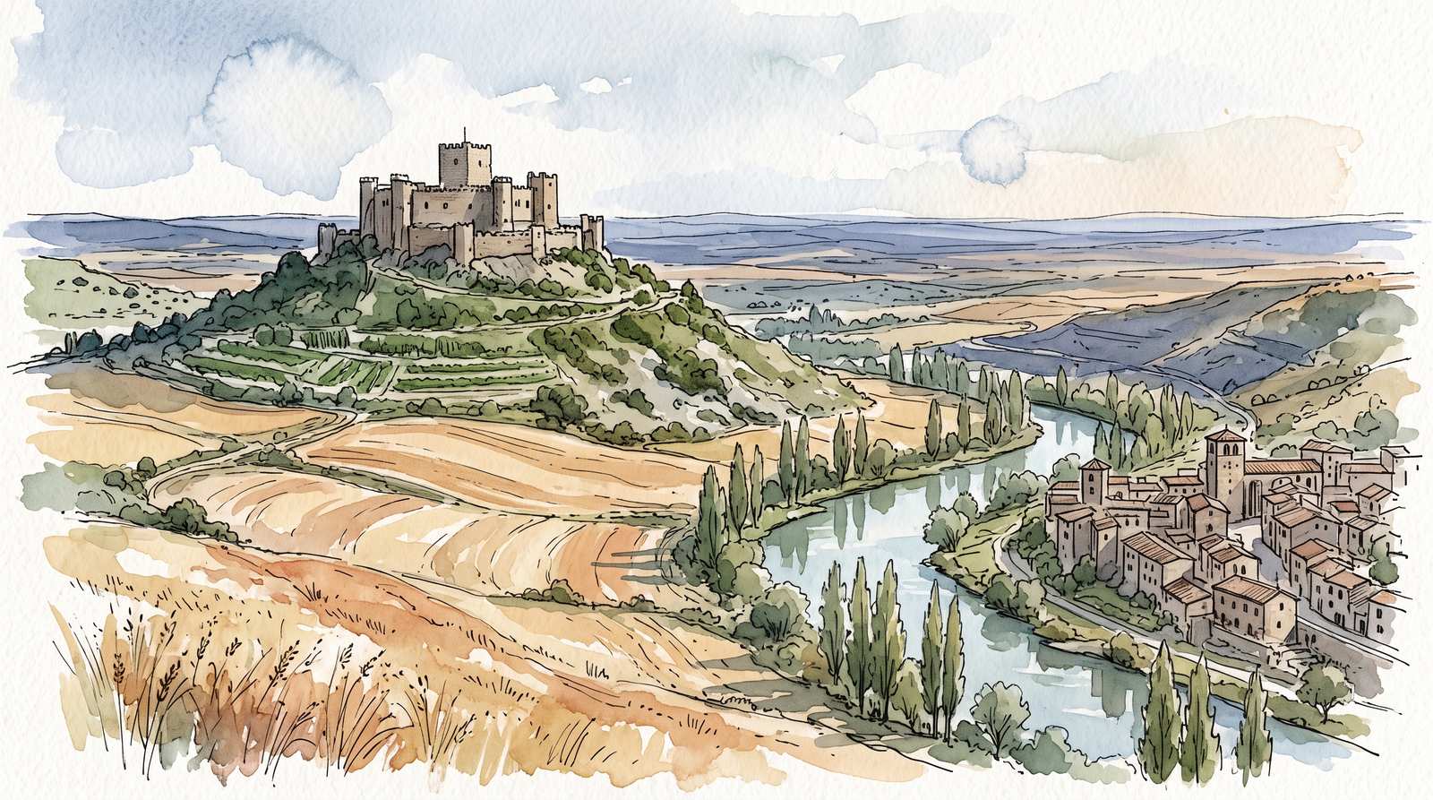 Watercolor illustration of Castilla y León, Spain