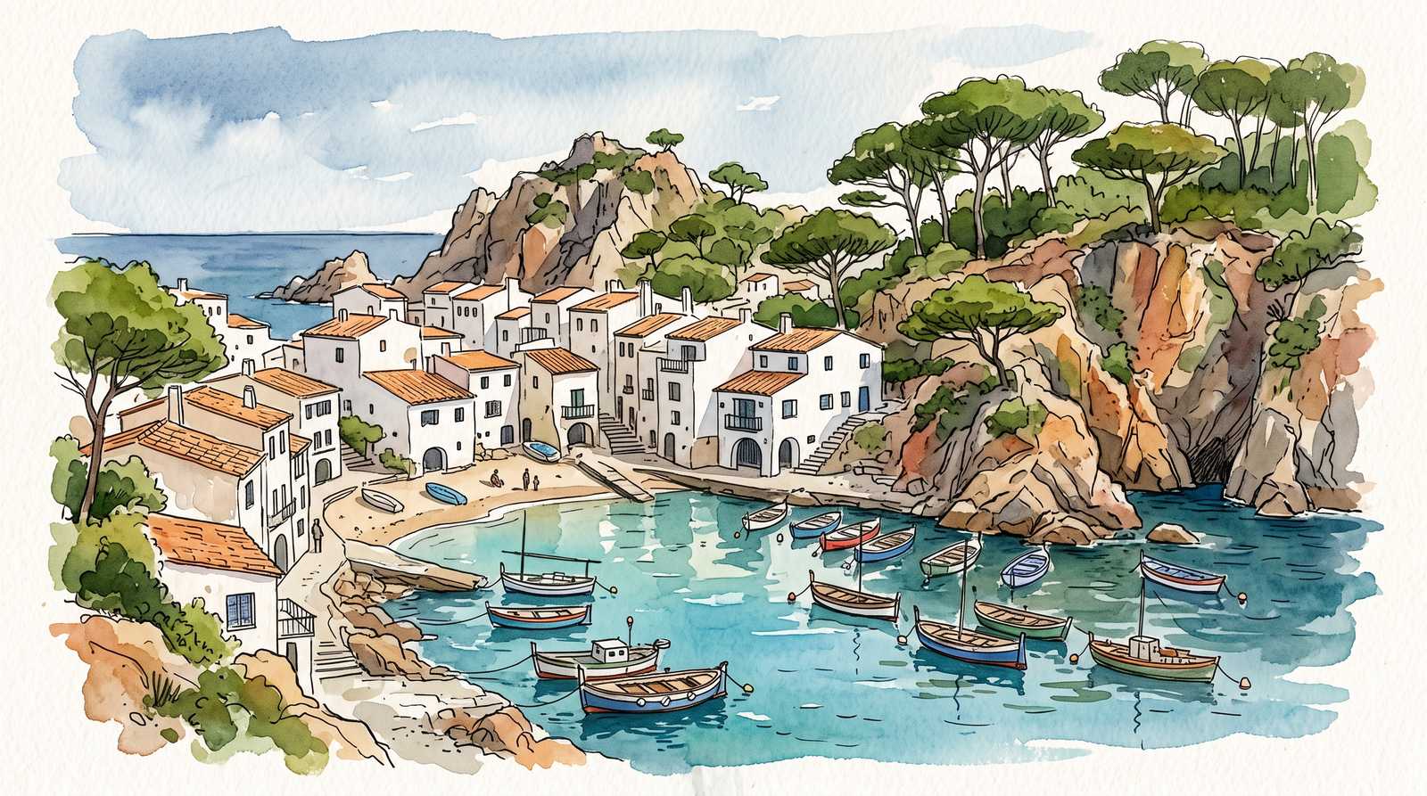 Watercolor illustration of Catalonia, Spain