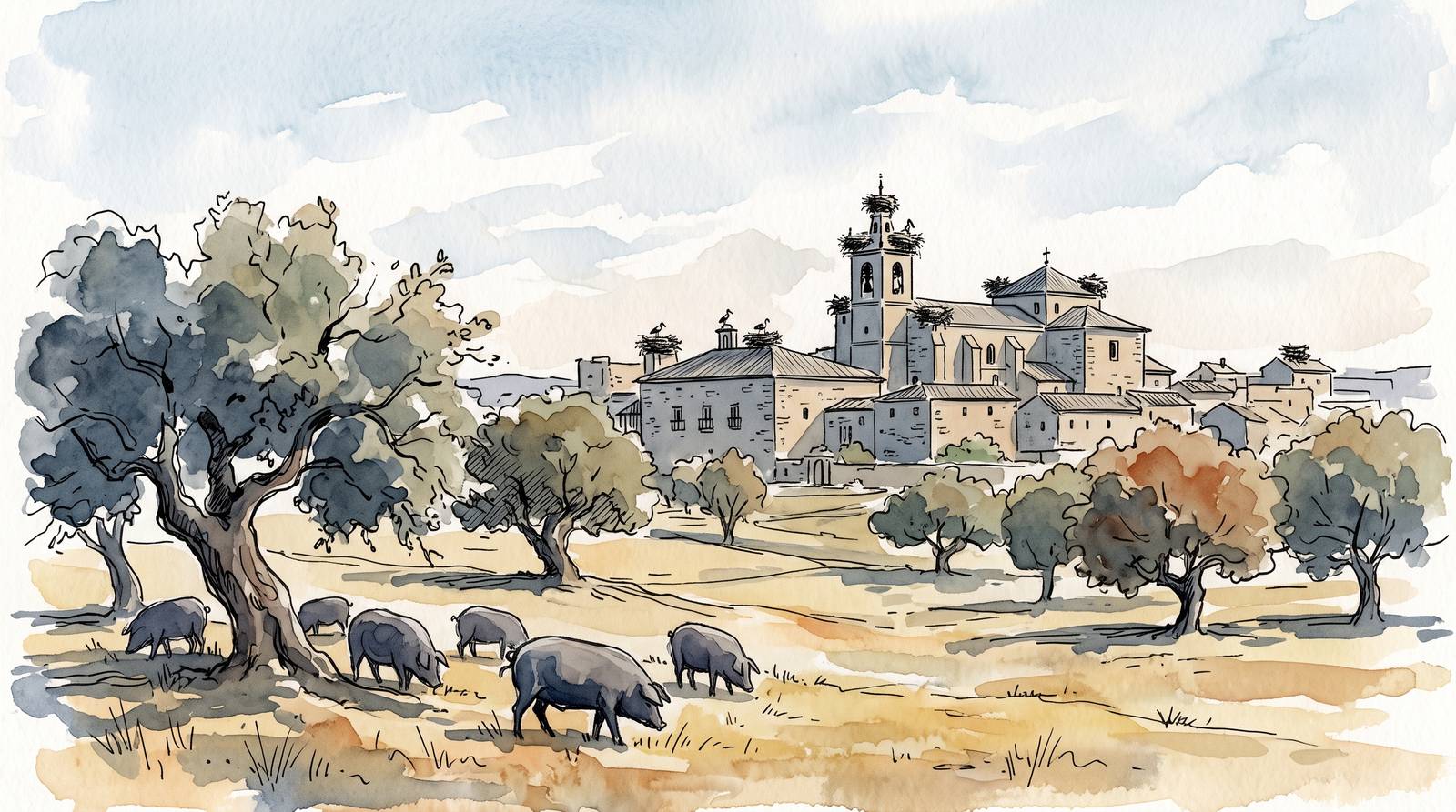 Watercolor illustration of Extremadura, Spain
