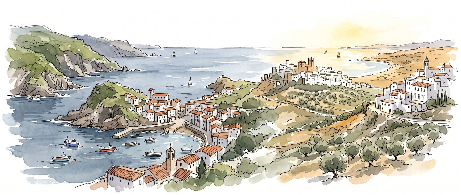 Watercolor illustration of the Spanish coastline, from green Atlantic cliffs and a fishing village to sunlit Mediterranean white towns and olive hills