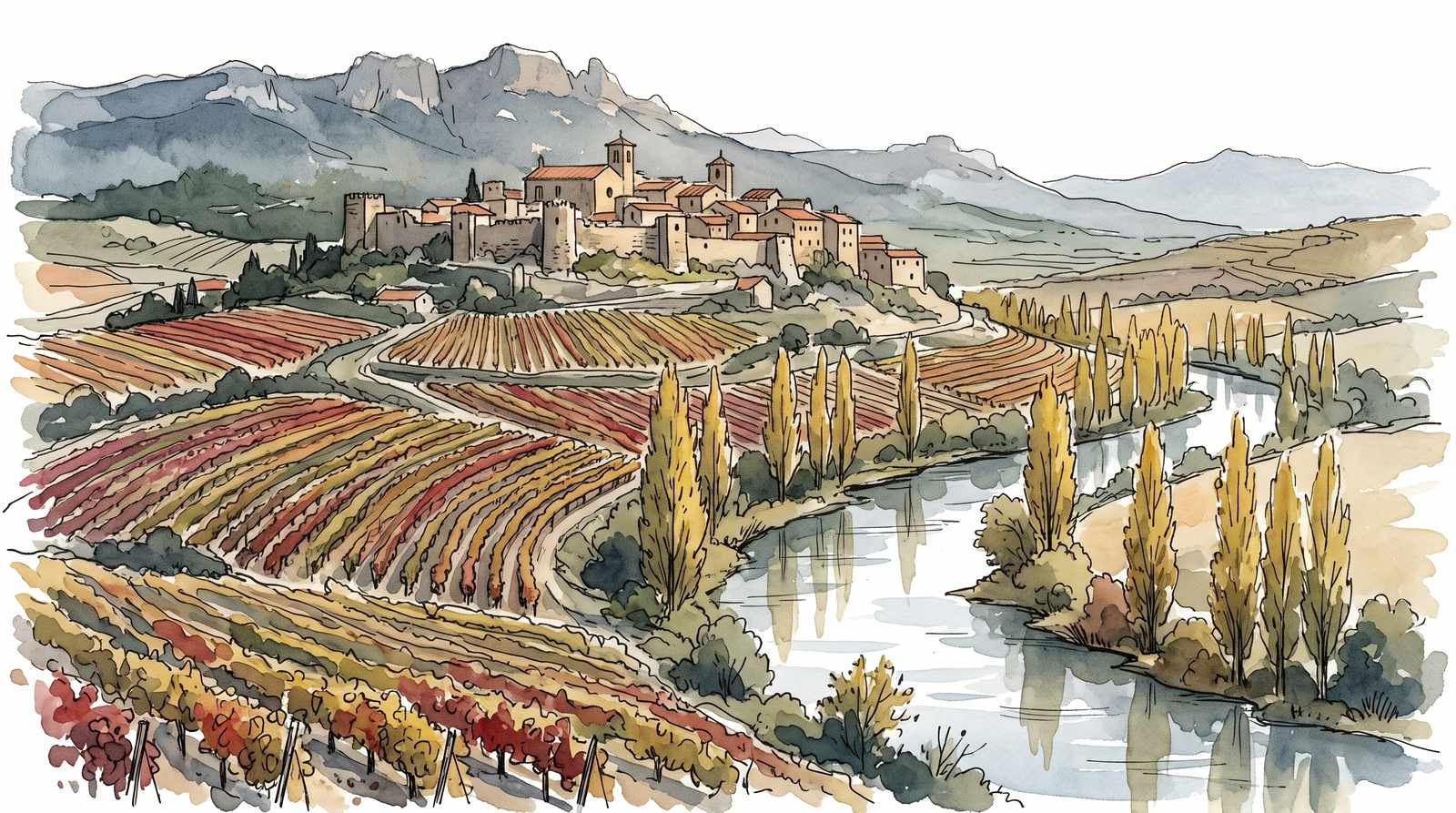 Watercolor illustration of La Rioja, Spain
