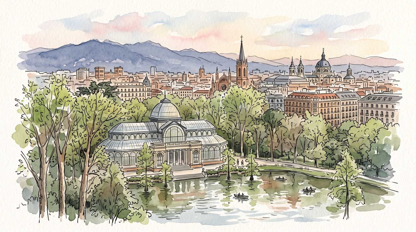Watercolor illustration of Madrid, Spain
