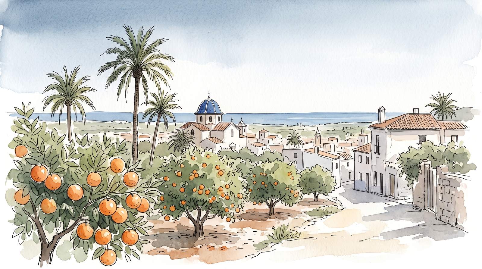 Watercolor illustration of the Valencia region, Spain